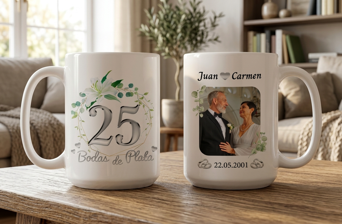 Taza Bodas de Plata Personalizado con Foto y Nombre