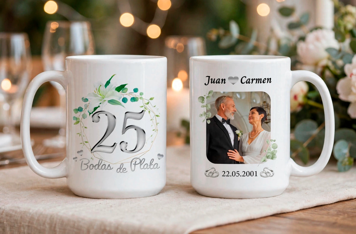 Taza Bodas de Plata Personalizado con Foto y Nombre