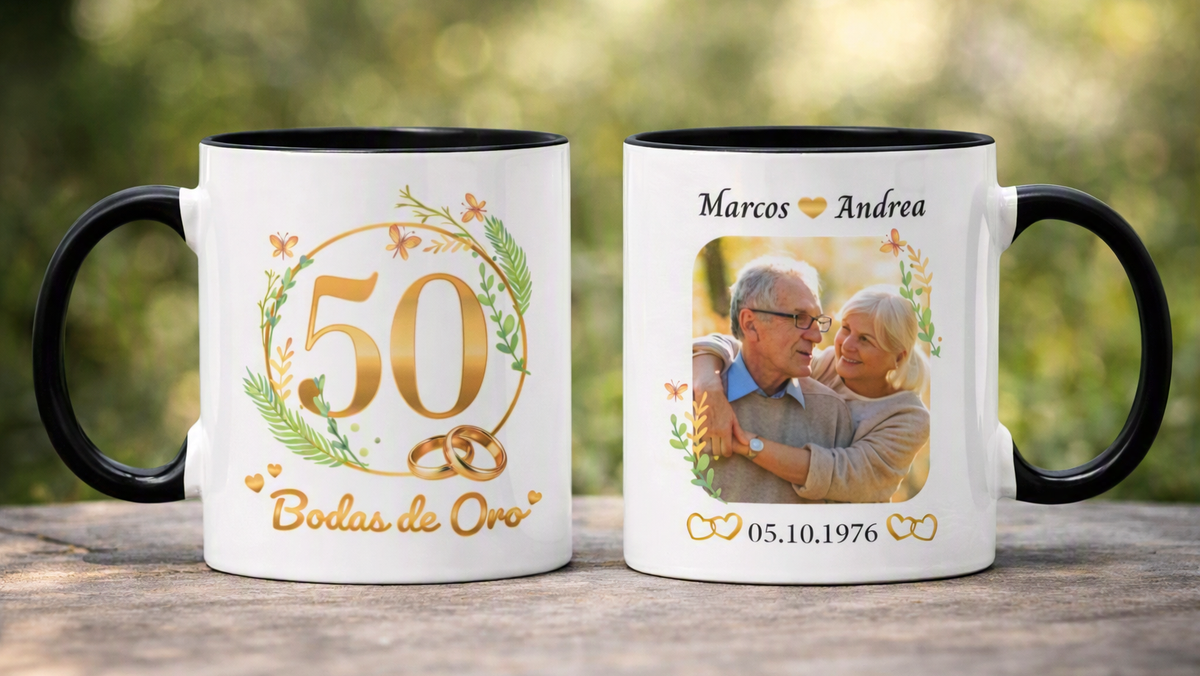 Taza Bodas de Oro Personalizado con Nombre y Foto