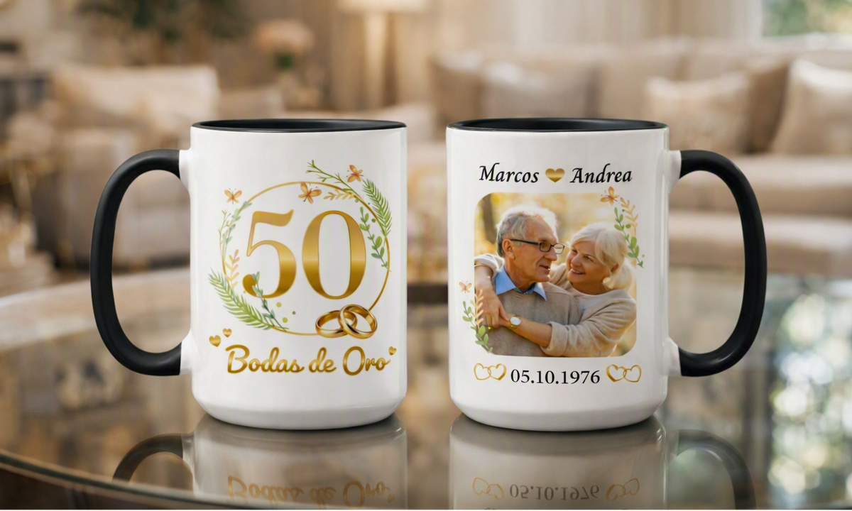 Taza Bodas de Oro Personalizado con Nombre y Foto