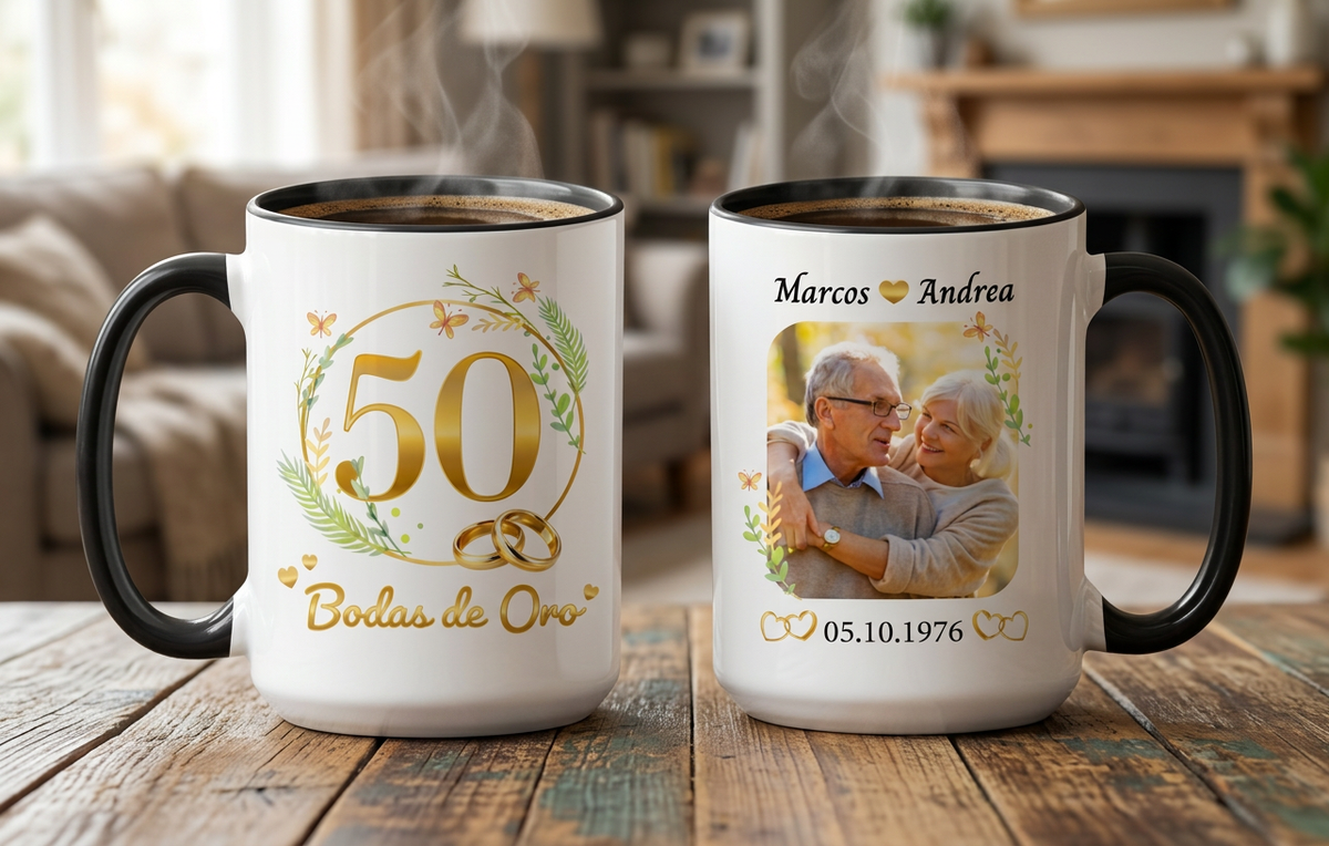 Taza Bodas de Oro Personalizado con Nombre y Foto