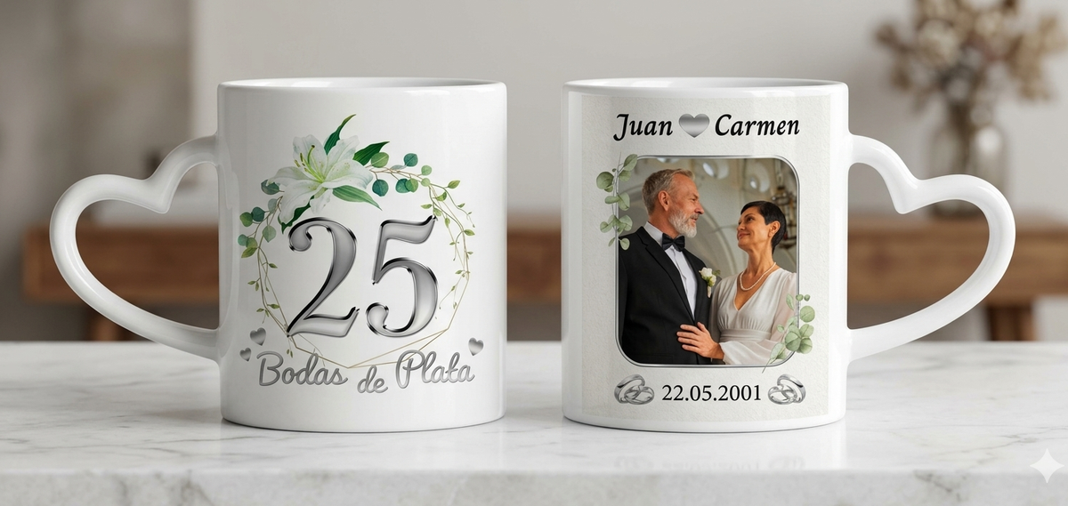 Taza Bodas de Plata Personalizado con Foto y Nombre