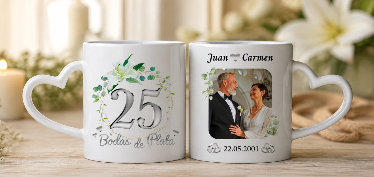 Taza Bodas de Plata Personalizado con Foto y Nombre
