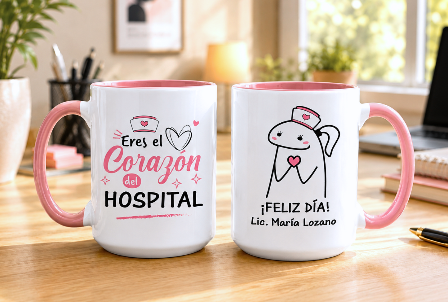 Taza Eres el Corazón del Hospital - Taza Blanco y Rosado 15 oz - Taza Enfermera