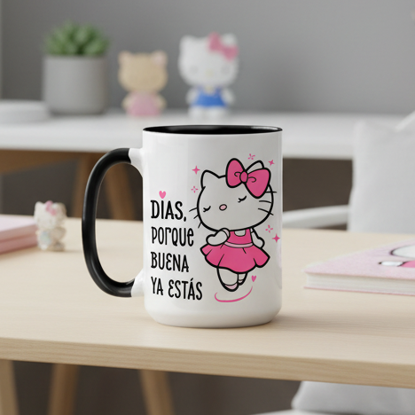 Taza Días, porque BUENA ya estás 🎀  | Tazas Hello Kitty | Taza Blanca y Negra de 15 oz