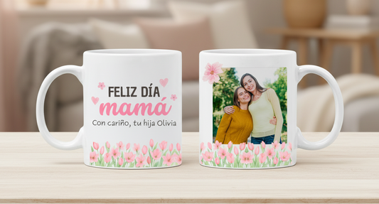 Taza Feliz Día Mamá Personalizado con tu Nombre y Foto | Tazas Día de la Madre - Tazas para Mamá | Taza Blanca de 11 oz