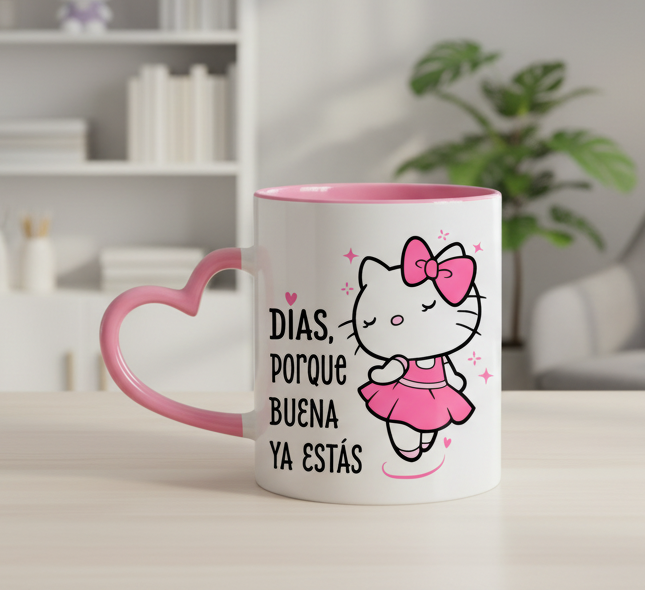 Taza Días, porque BUENA ya estás 🎀  | Tazas Hello Kitty | Taza Asa de Corazón Rosado