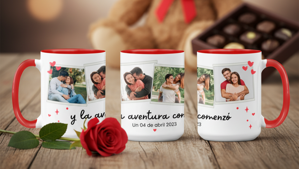 Taza Collage Romántico Personalizada con Fecha Especial - Tazas San Valentín - Taza Blanca y Roja de 15 oz 