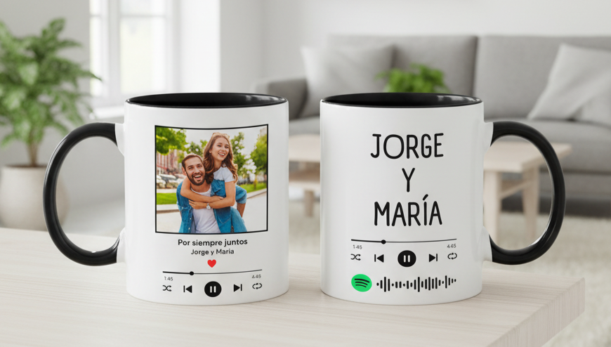 Taza Blanca y Negra de 11 oz Personalizada con Foto + QR de su Canción 🎶❤️ - Tazas San Valentín - Tazas para Parejas