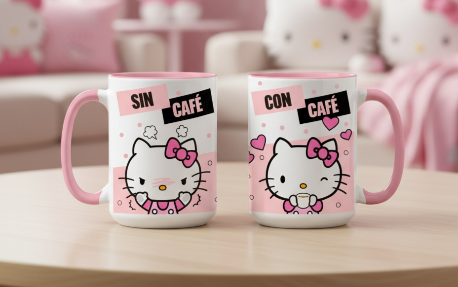 Taza Sin Café / Con Café | Tazas Hello Kitty | Taza Blanca y Rosada 15 oz