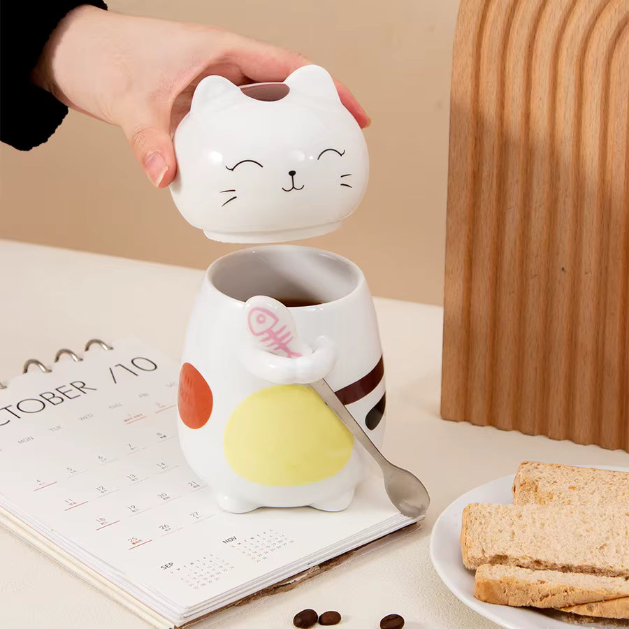 Taza Gatito Kawaii con Tapa y Cuchara