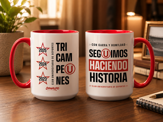 Taza Tricampeón Universitario Personalizado con tu Nombre | Tazas Personalizadas de Universitario | Tazas Blancas y Rojas de 15 oz