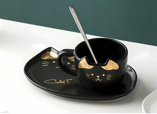 Taza Elegante de Gatito Negro y Dorado con Plato - Taza de Gatos