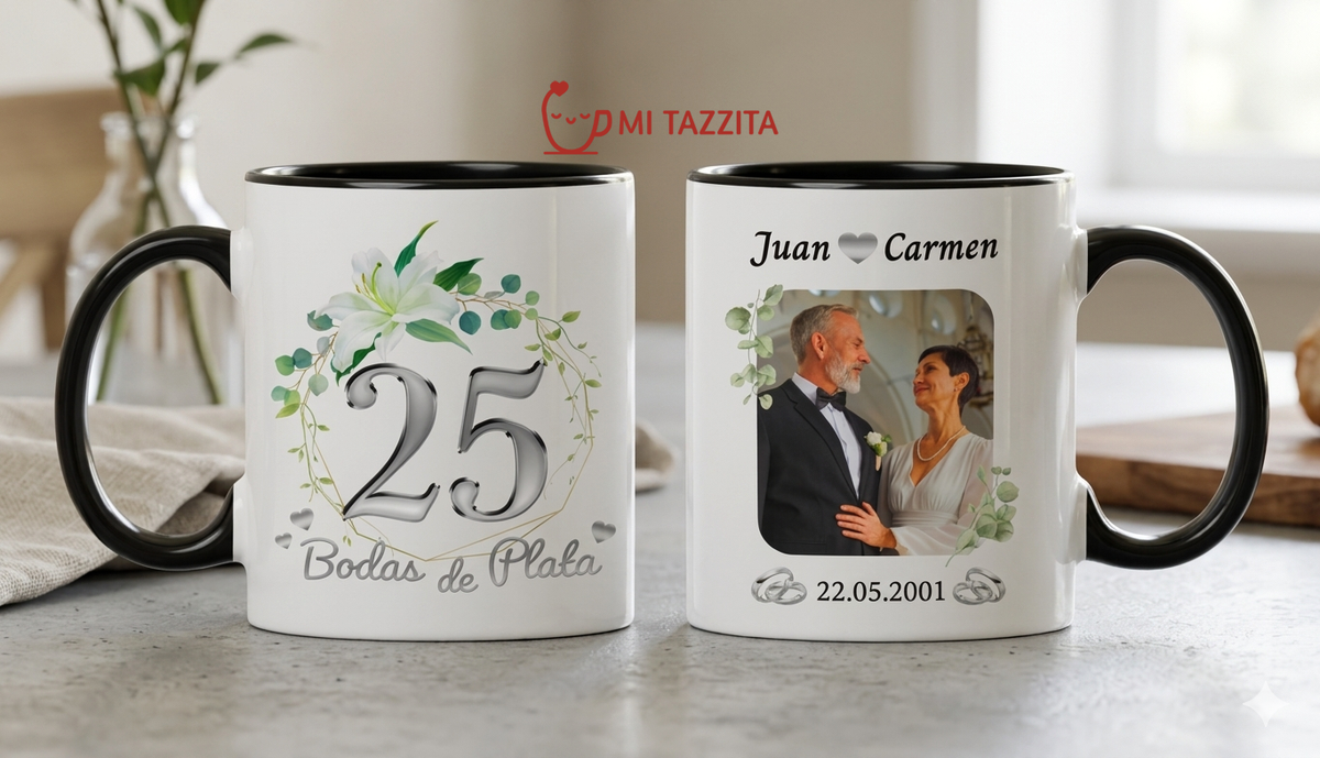 Taza Bodas de Plata Personalizado con Foto y Nombre