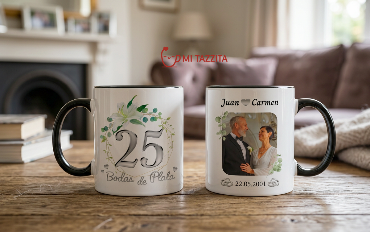Taza Bodas de Plata Personalizado con Foto y Nombre