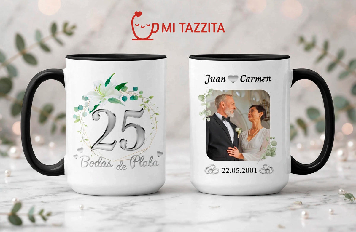 Taza Bodas de Plata Personalizado con Foto y Nombre