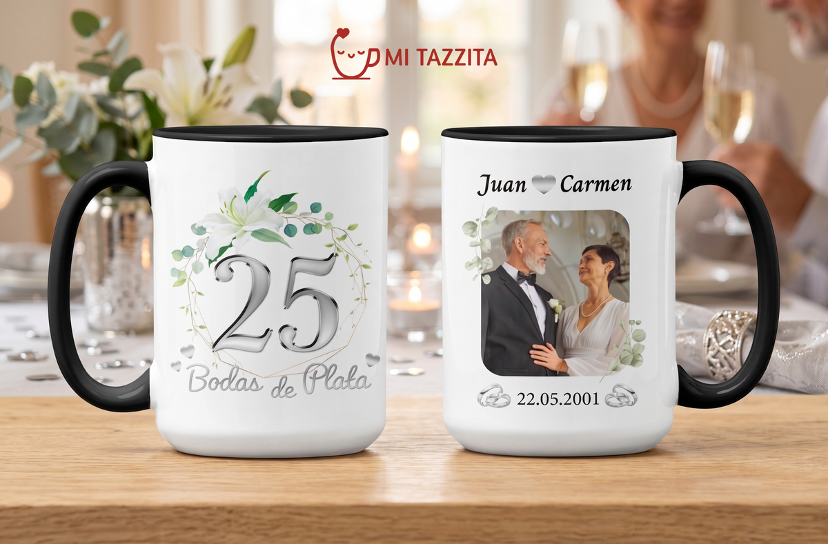 Taza Bodas de Plata Personalizado con Foto y Nombre