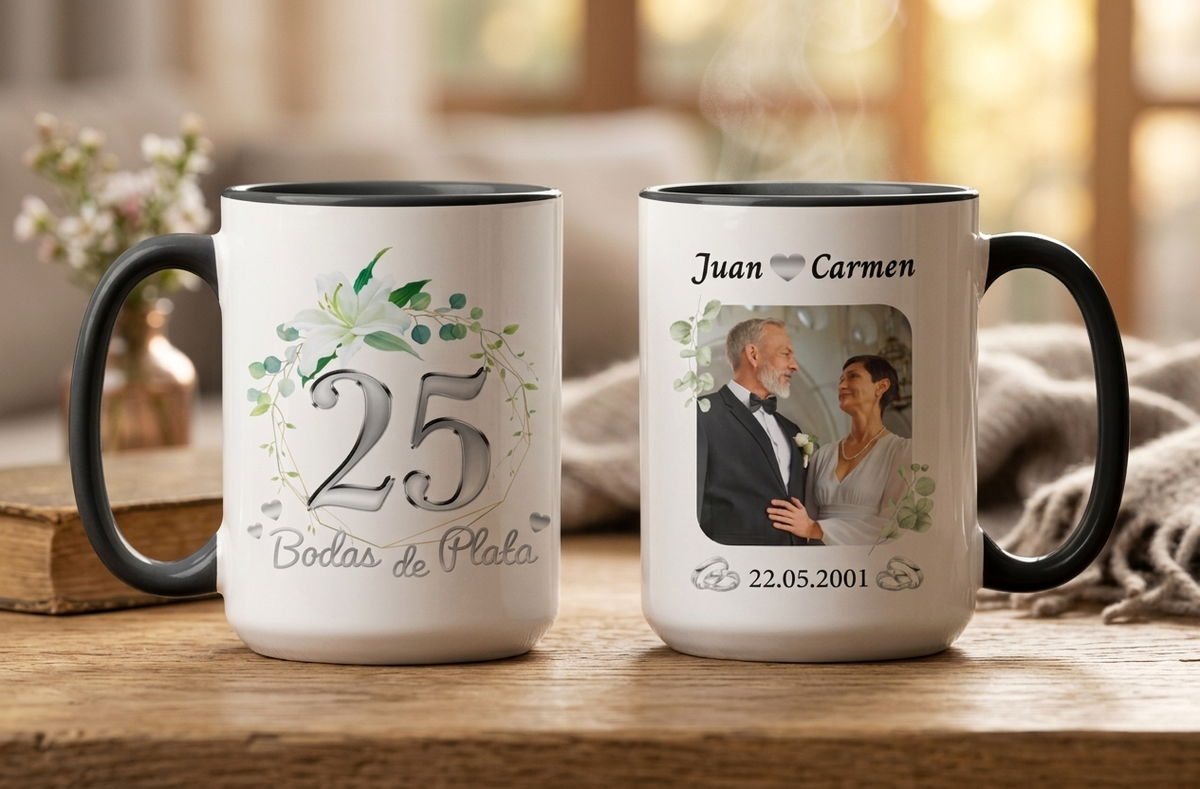 Taza Bodas de Plata Personalizado con Foto y Nombre