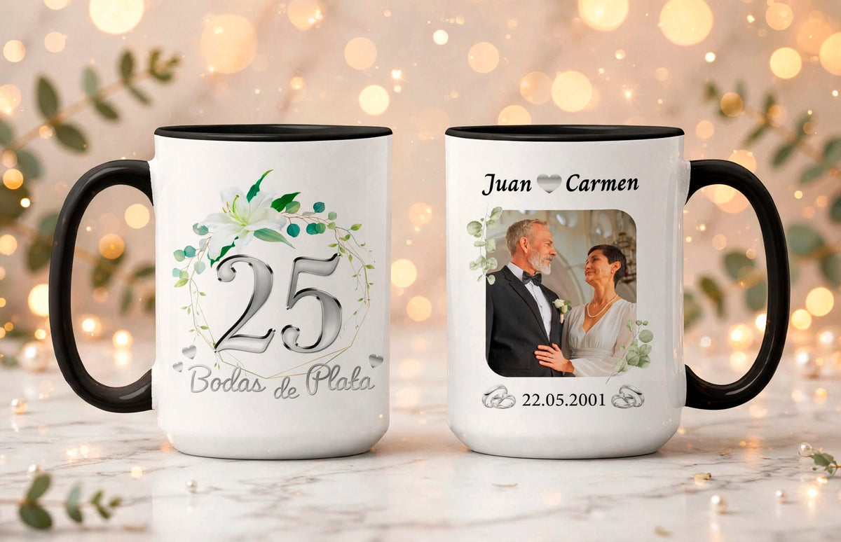 Taza Bodas de Plata Personalizado con Foto y Nombre