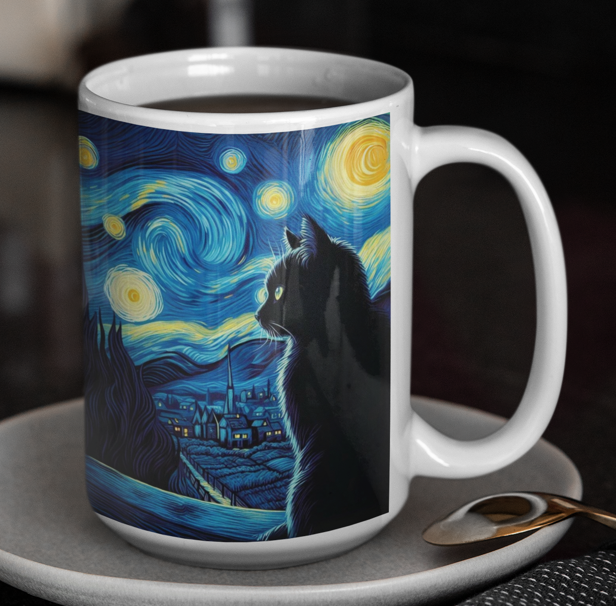 Taza Gatito Negro Mirando la Noche Estrellada - Taza Van Gogh
