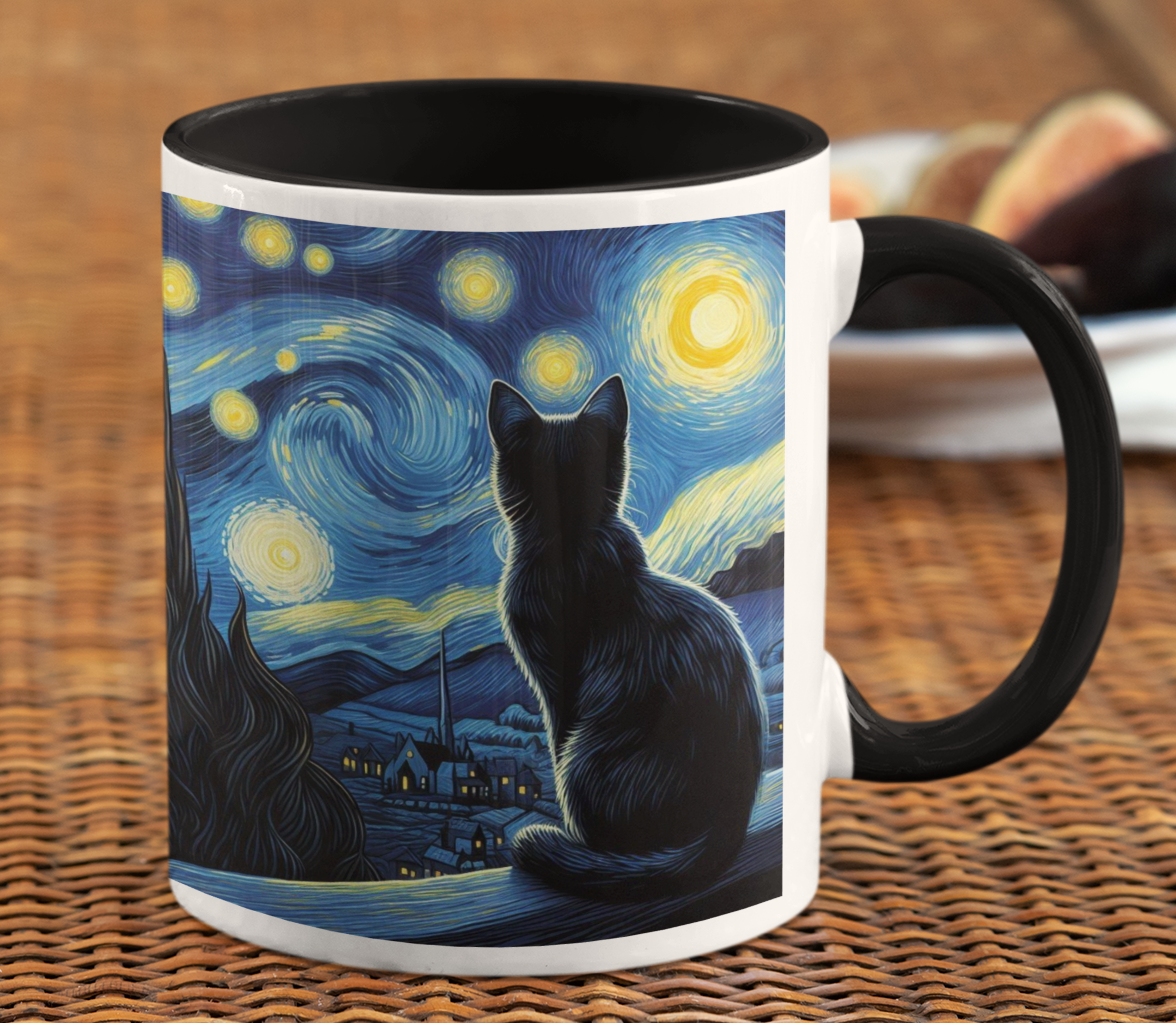 Taza Gatito Negro en la Noche Estrellada - Taza Van Gogh