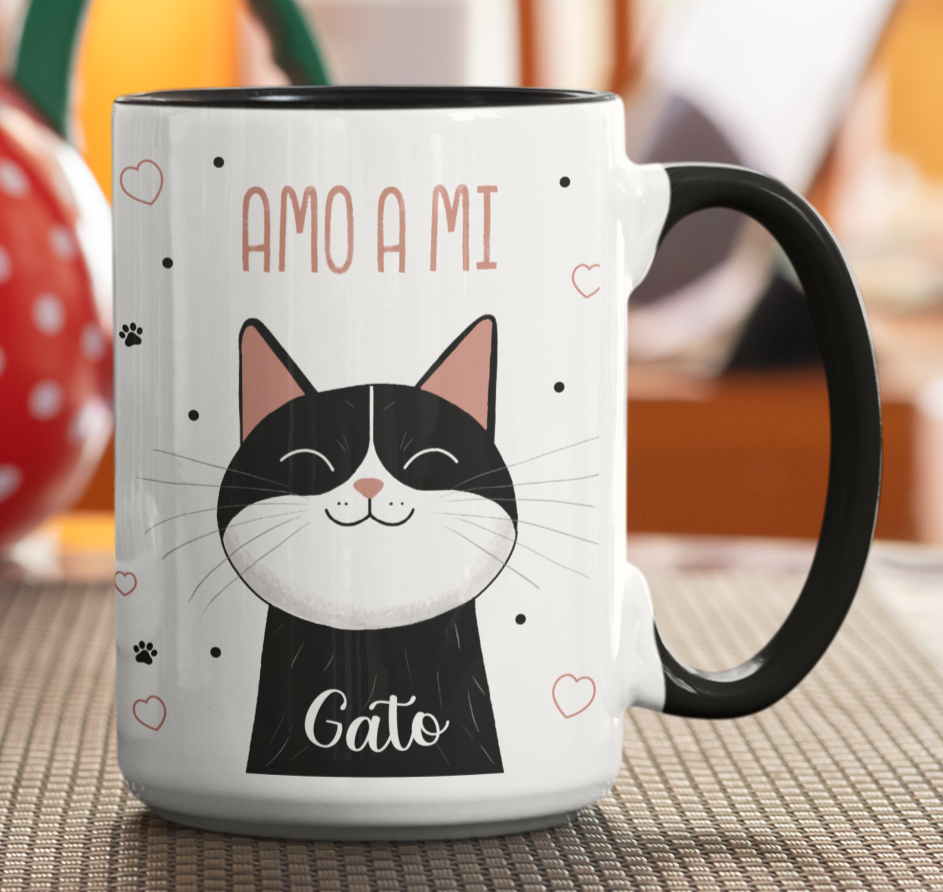 Taza Amo a Mi Gato - Taza Blanca y Negra 15 oz - Taza Gato
