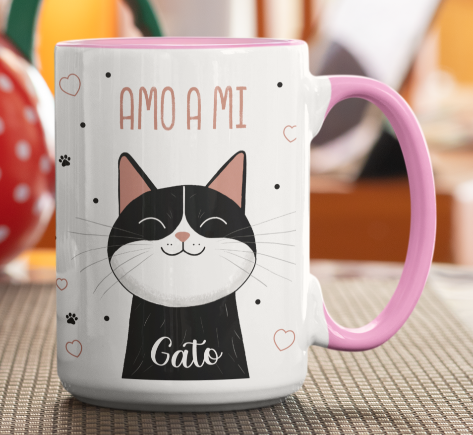 Taza Amo a Mi Gato - Taza Blanca y Rosada 15 oz - Taza Gato