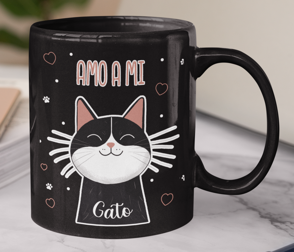 Taza Amo a mi Gato_ Taza Negra 11 oz _ Taza Gatos
