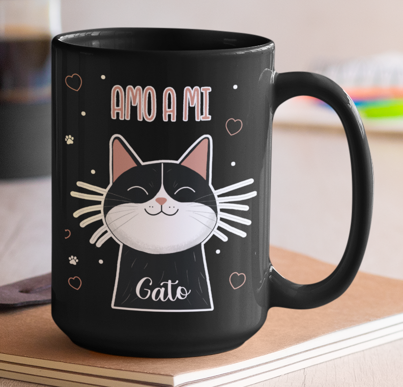 Taza Amo a mi Gato_ Taza Negra 15 oz _ Taza Gatos