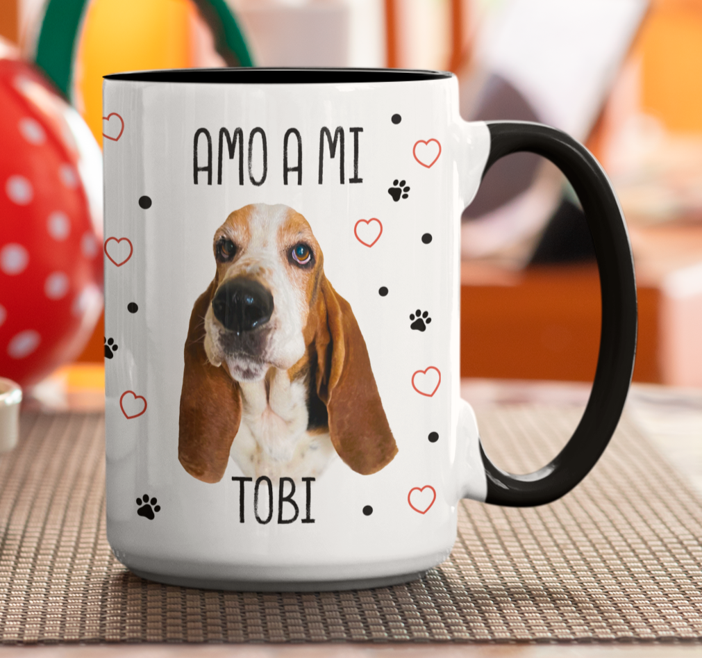 Taza Amo a mi Perro Personalizado con Foto y Nombre - Tazas de Perros - Taza Blanca y Negra de 15 oz 