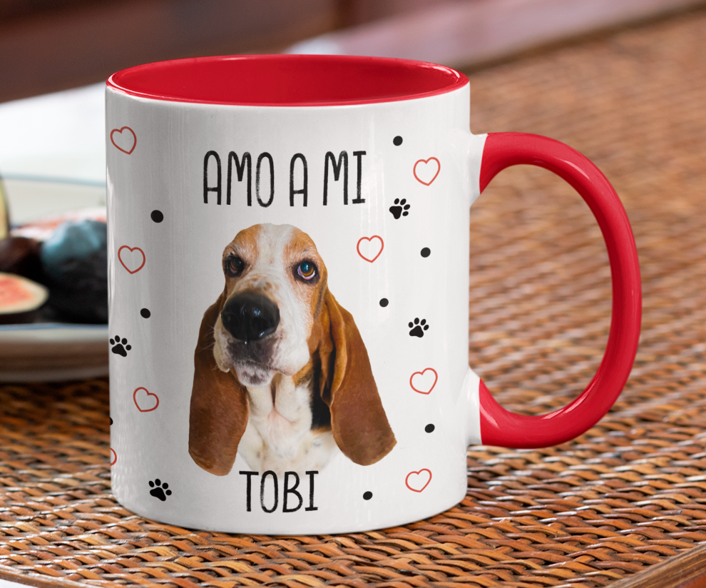 Taza Amo a mi Perro Personalizado con Foto y Nombre - Tazas de Perros - Taza Blanca y Roja de 11 oz 