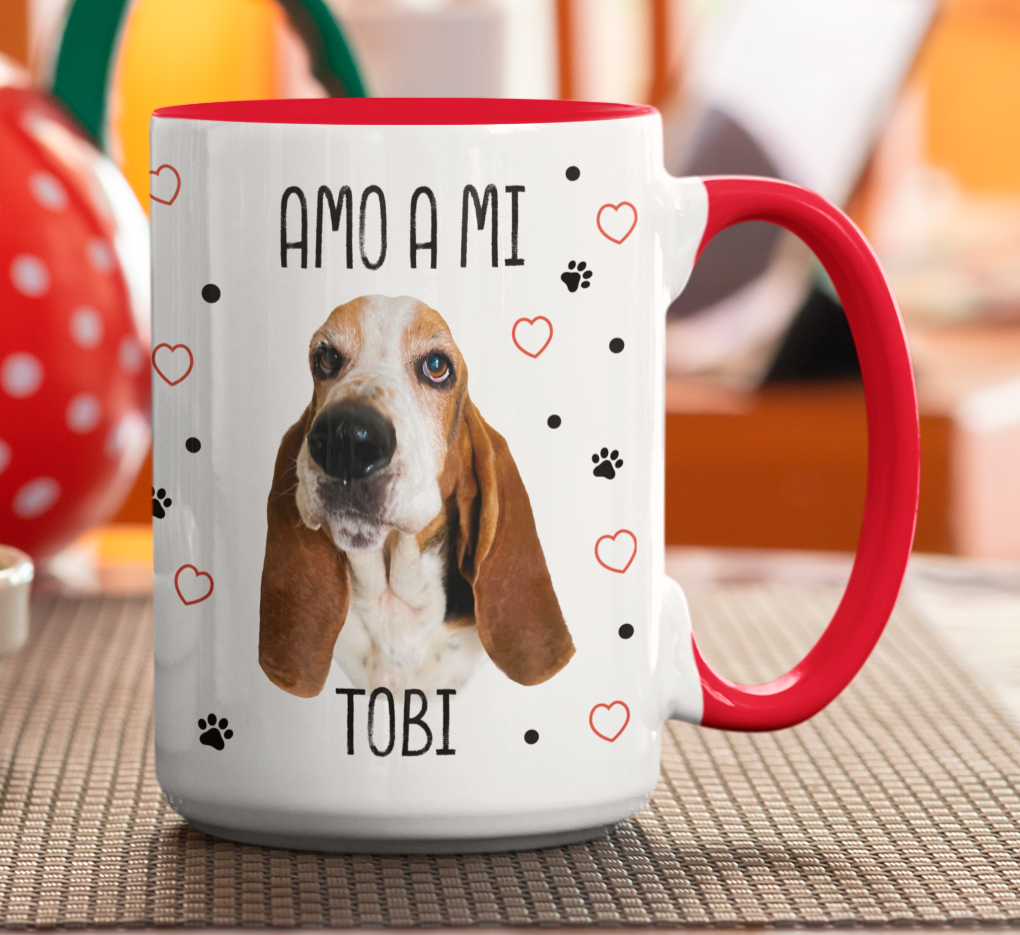 Taza Amo a mi Perro Personalizado con Foto y Nombre - Tazas de Perros - Taza Blanca y Roja de 15 oz 
