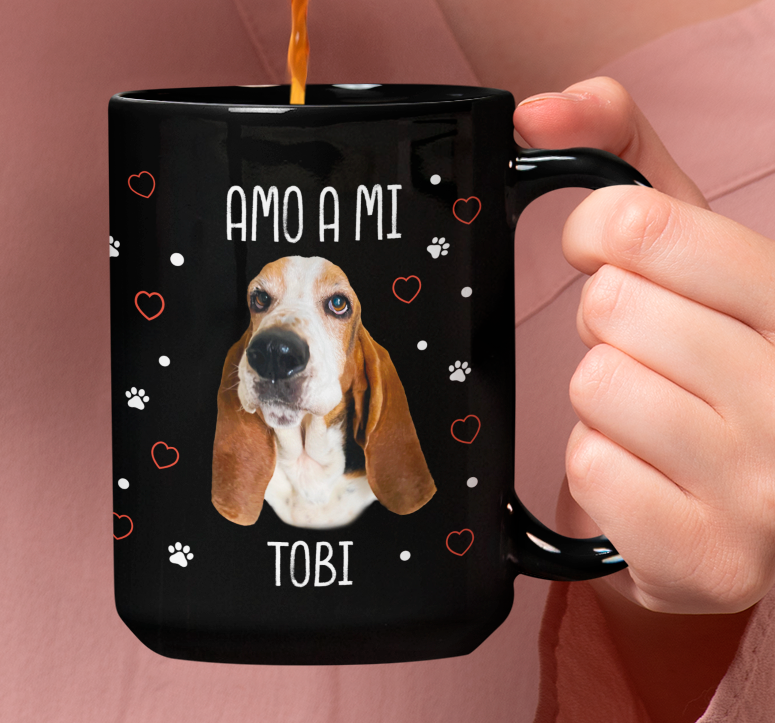 Taza Amo a mi Perro Personalizado con Foto y Nombre - Tazas de Perros - Taza Negra de 15 oz 