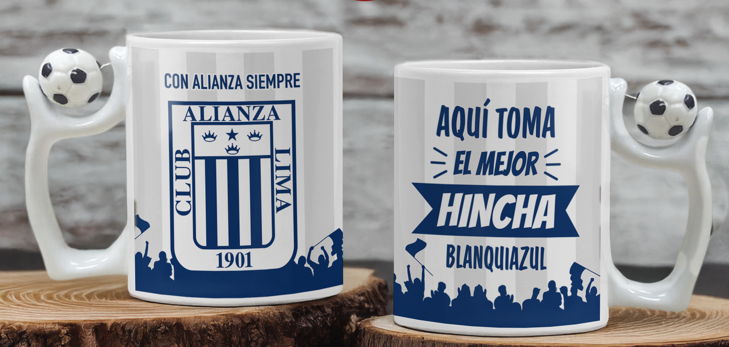 Taza Aquí Toma el Mejor Hincha Blanquiazul - Taza Asa con Pelota 11 oz - Taza de Fútbol - Tazas Alianza Lima