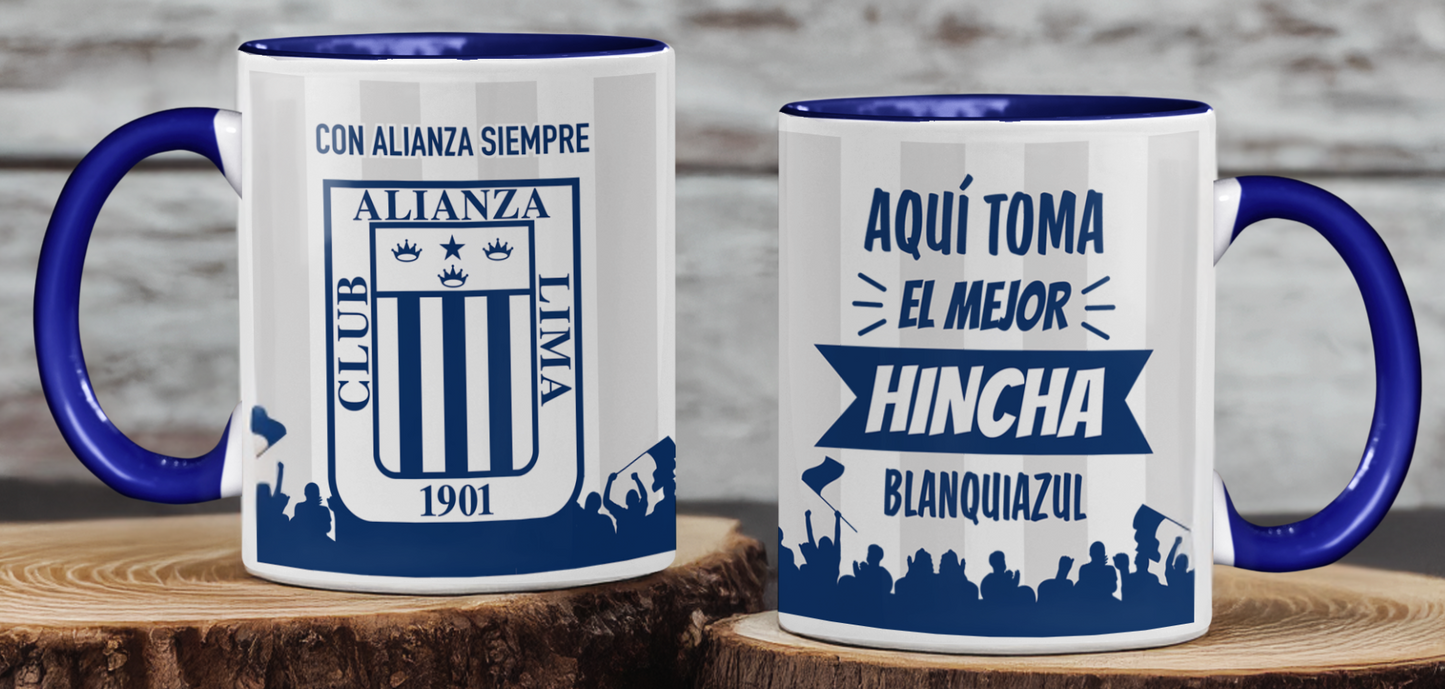 Taza Aquí Toma el Mejor Hincha Blanquiazul - Taza Blanca y Azul 11 oz - Taza de Fútbol - Tazas Alianza Lima
