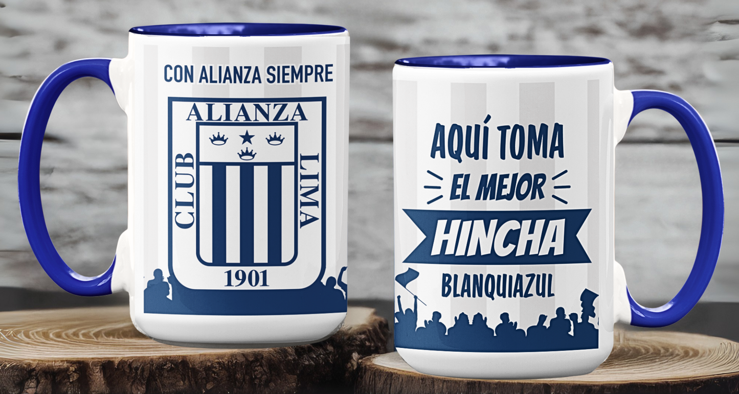 Taza Aquí Toma el Mejor Hincha Blanquiazul - Taza Blanca y Azul 15 oz - Taza de Fútbol - Tazas Alianza Lima