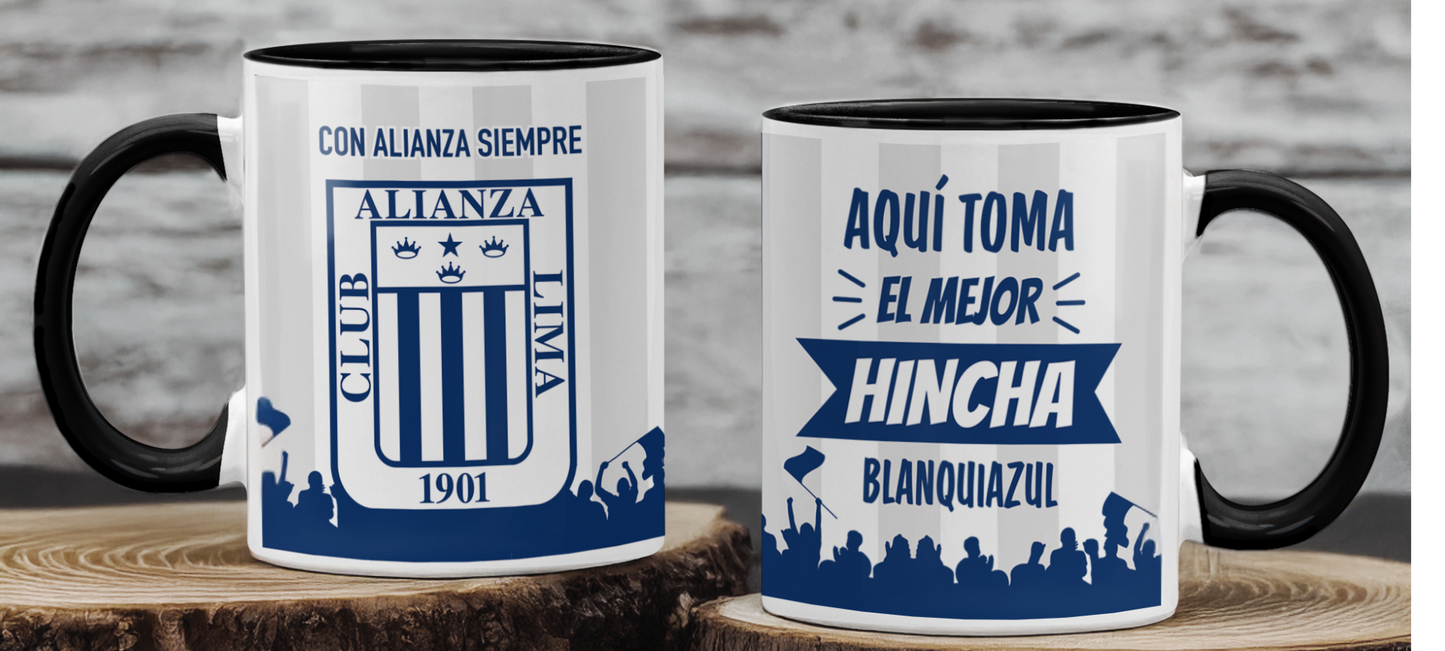 Taza Aquí Toma el Mejor Hincha Blanquiazul - Taza Blanca y Negra 11 oz - Taza de Fútbol - Tazas Alianza Lima