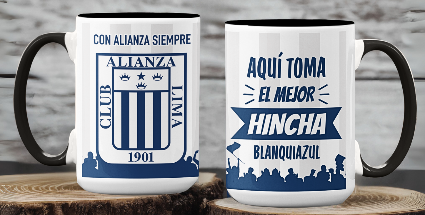 Taza Aquí Toma el Mejor Hincha Blanquiazul - Taza Blanca y Negra 15 oz - Taza de Fútbol - Tazas Alianza Lima