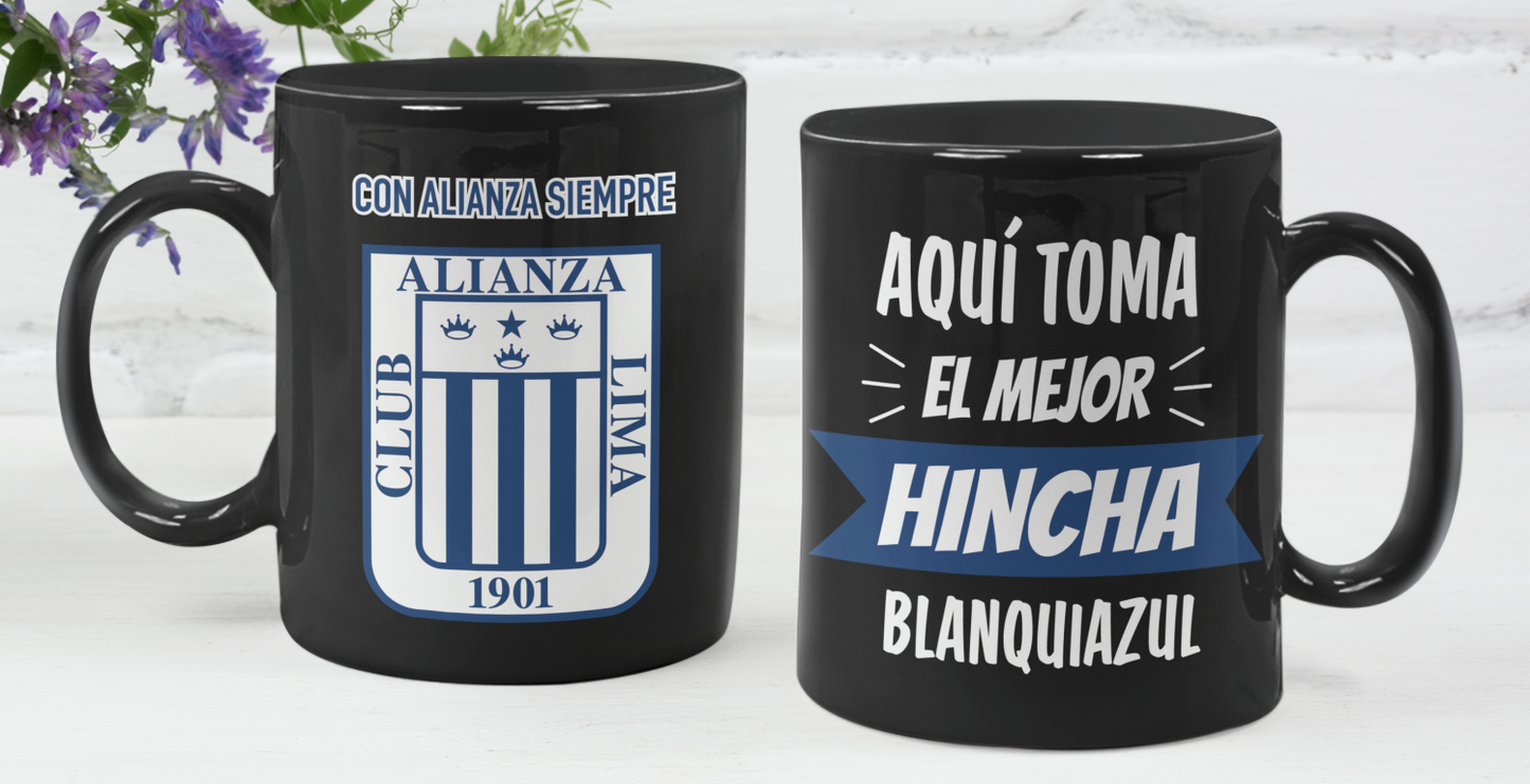 Taza Aquí Toma el Mejor Hincha Blanquiazul - Taza Negra 11 oz - Taza de Fútbol - Tazas Alianza Lima 