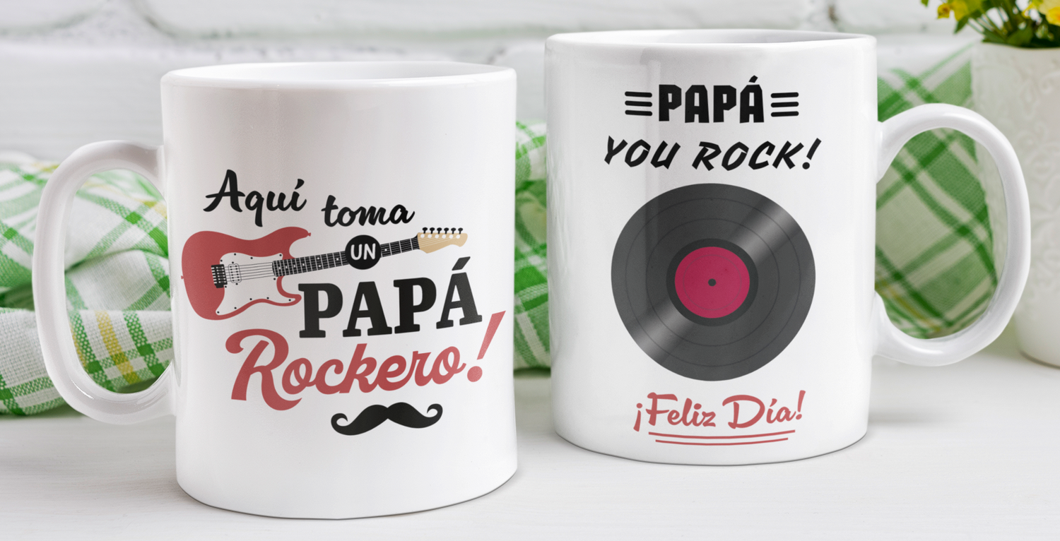 Taza Aquí Toma un Papá Rockero- Taza Blanca 11 oz -Tazas Día del Padre - Tazas para Papá
