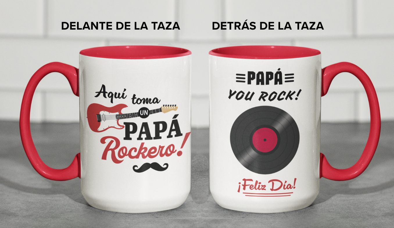 Taza Aquí Toma un Papá Rockero- Taza Blanca y Roja 15 oz -Tazas Día del Padre - Tazas para Papá