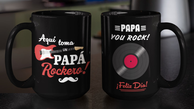 Taza Aquí Toma un Papá Rockero- Taza Negra 15 oz -Tazas Día del Padre - Tazas para Papá