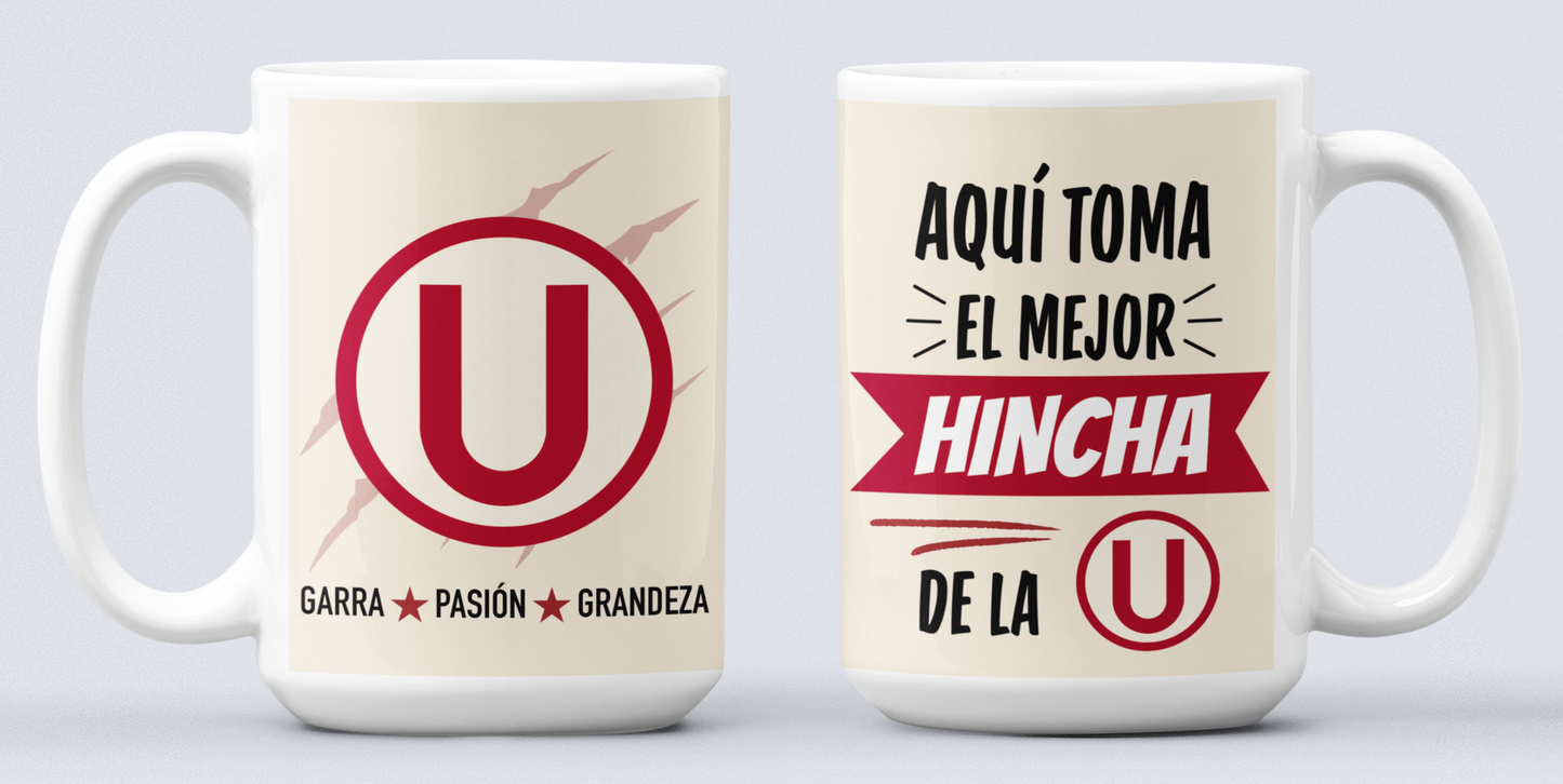 Taza Aquí toma el mejor hincha de la U - Taza Blanca 15 oz - Taza de Fútbol - Tazas Día del Padre - Tazas para Papá 