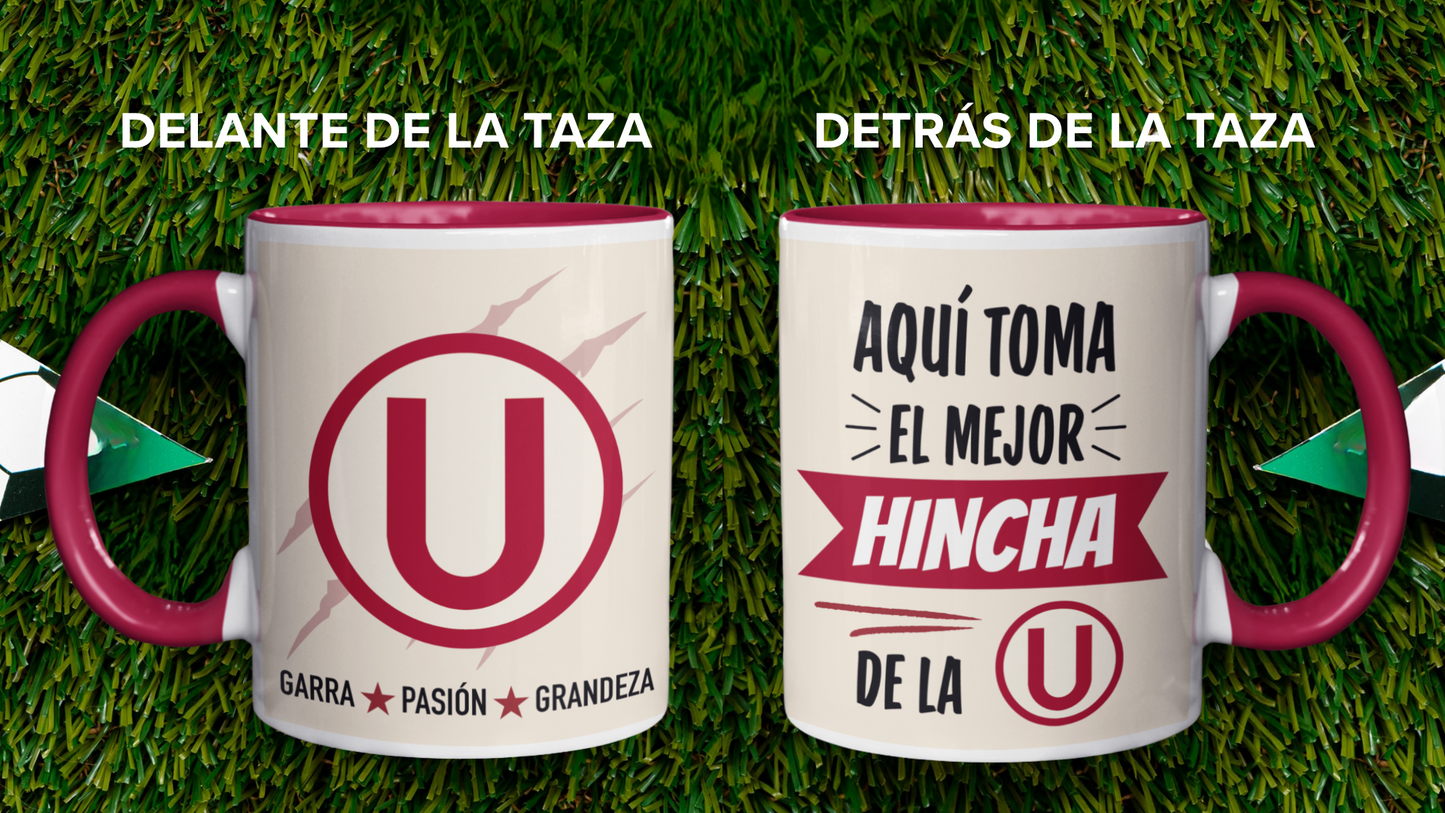 Taza Aquí toma el mejor hincha de la U - Taza Blanca y  Guinda 11 oz - Taza de Fútbol - Tazas Día del Padre - Tazas para Papá 