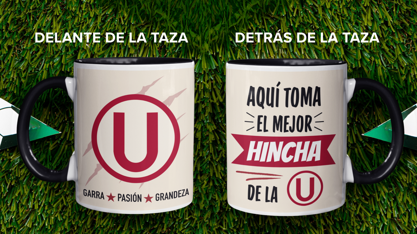 Taza Aquí toma el mejor hincha de la U - Taza Blanca y Negra 11 oz - Taza de Fútbol - Tazas Día del Padre - Tazas para Papá 
