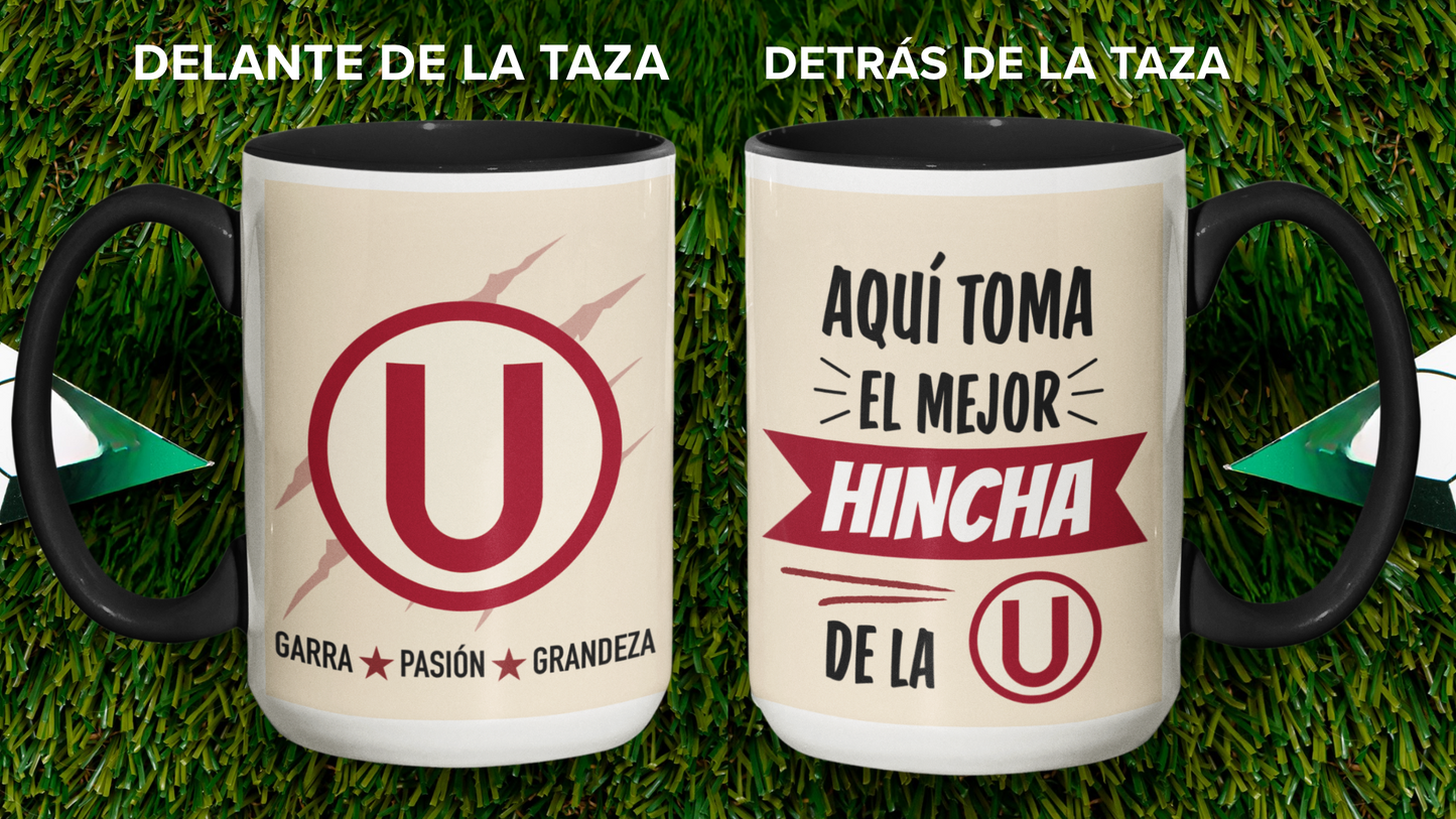 Taza Aquí toma el mejor hincha de la U - Taza Blanca y  Negra 15 oz - Taza de Fútbol - Tazas Día del Padre - Tazas para Papá 