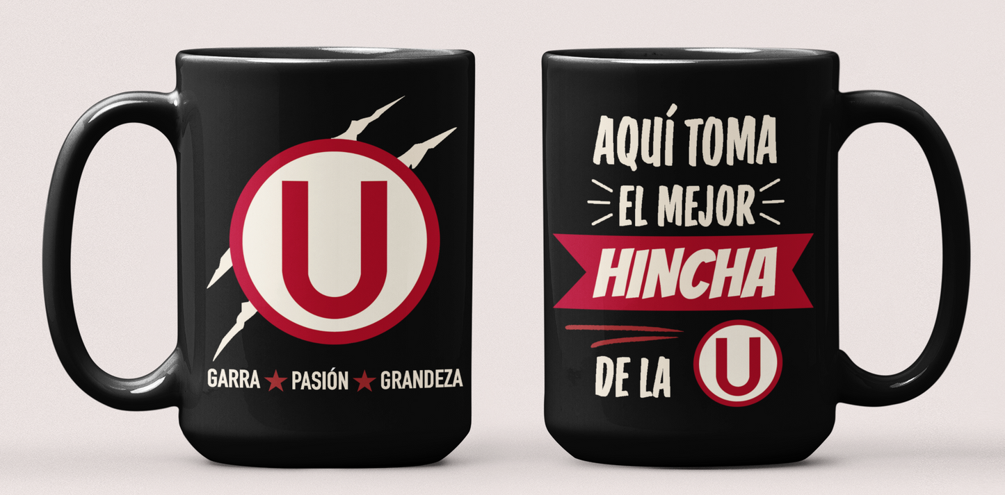 Taza Aquí toma el mejor hincha de la U - Taza  Negra 15 oz - Taza de Fútbol - Tazas Día del Padre - Tazas para Papá 