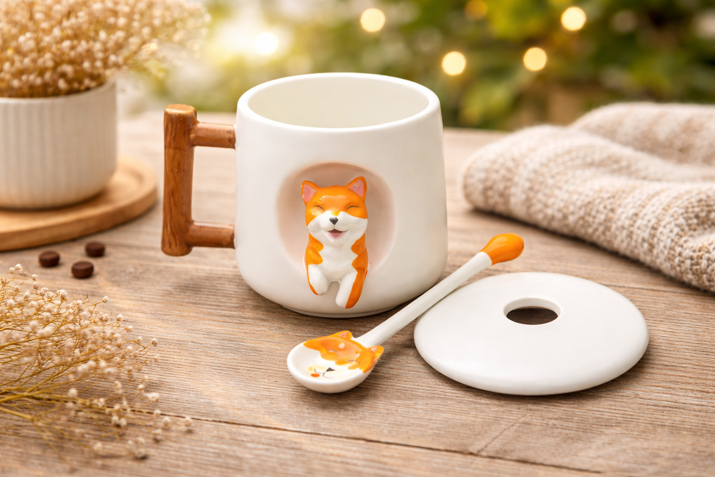 Taza Blanca de Hachiko en 3D con Tapa y Cuchara | Taza de Perros