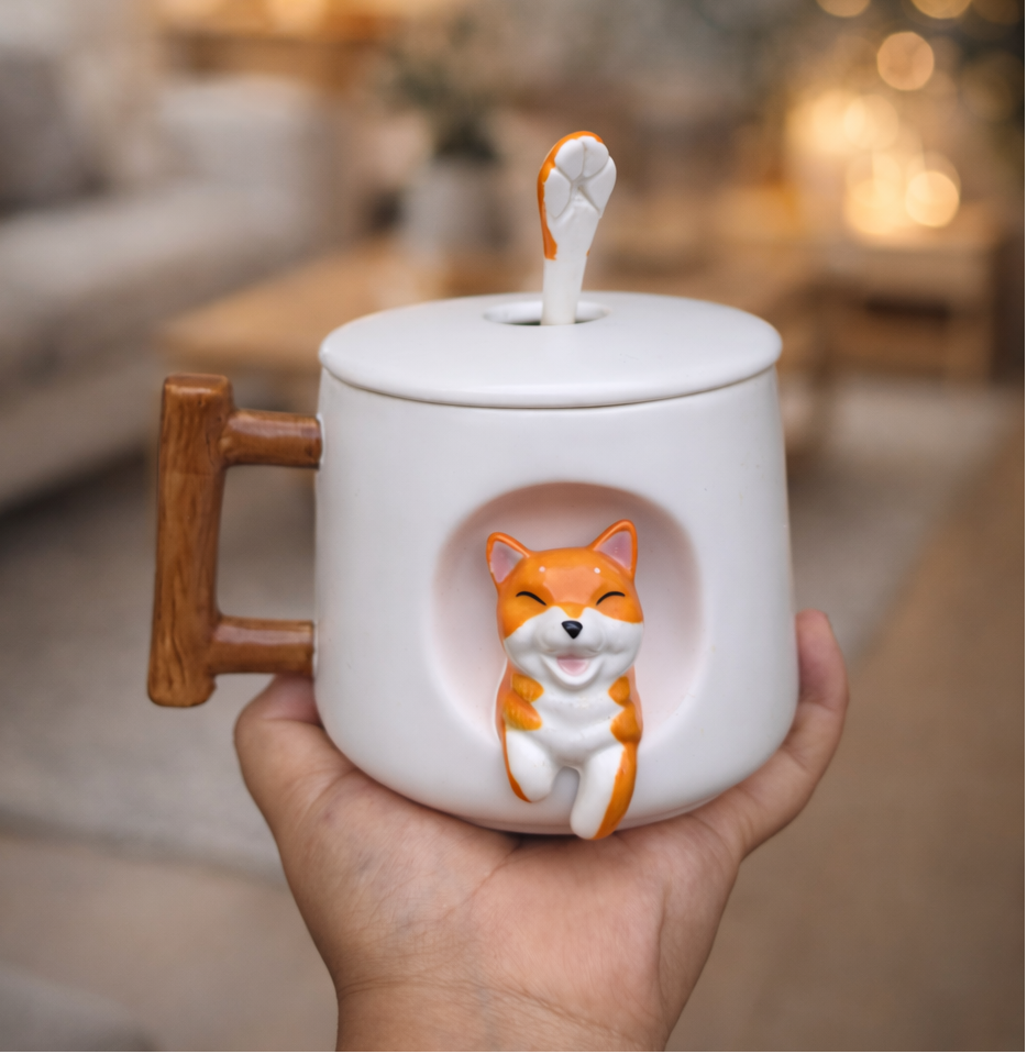 Taza Blanca de Hachiko en 3D con Tapa y Cuchara | Taza de Perros