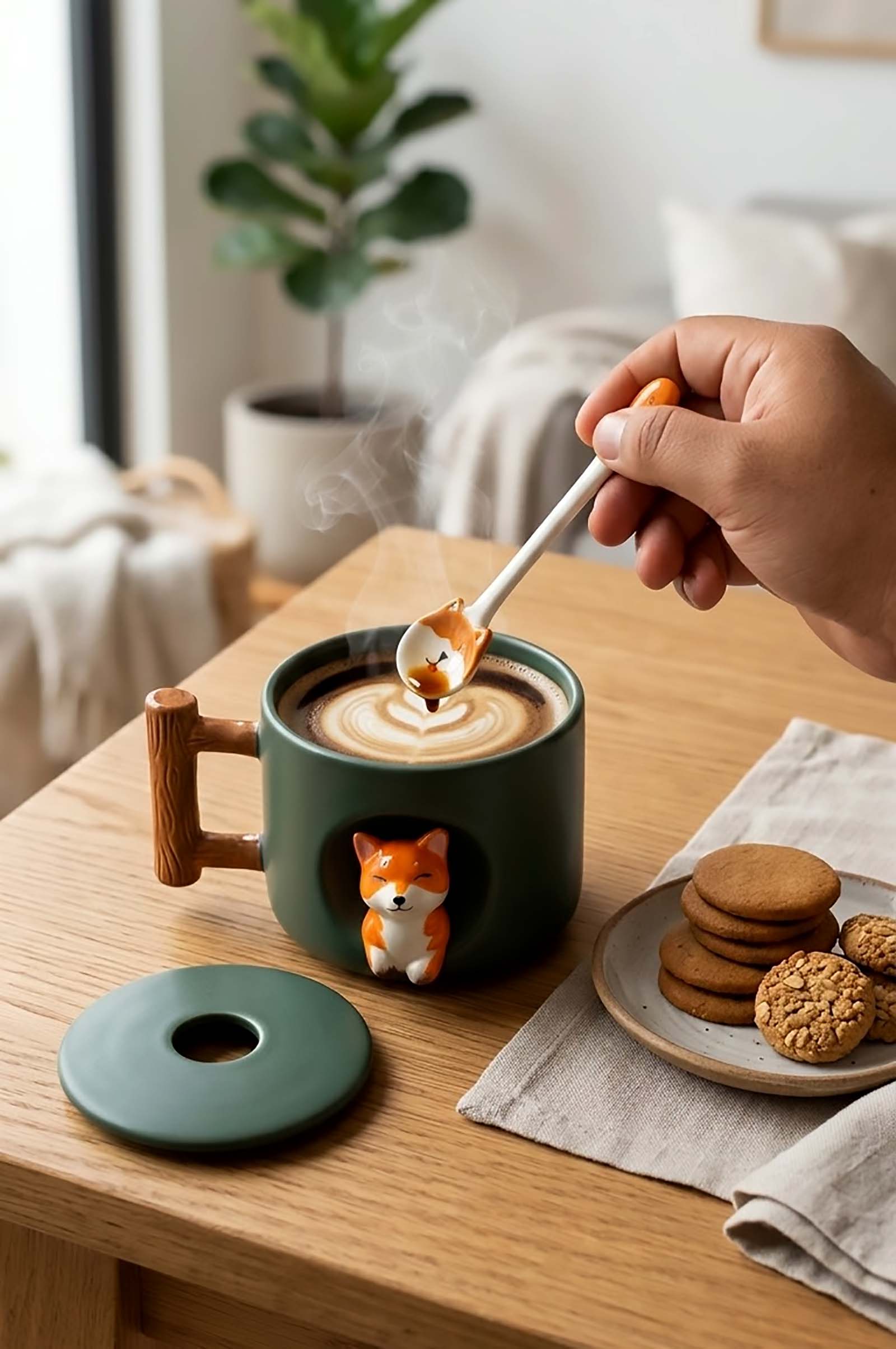Taza Blanca de Hachiko en 3D con Tapa y Cuchara | Taza de Perros